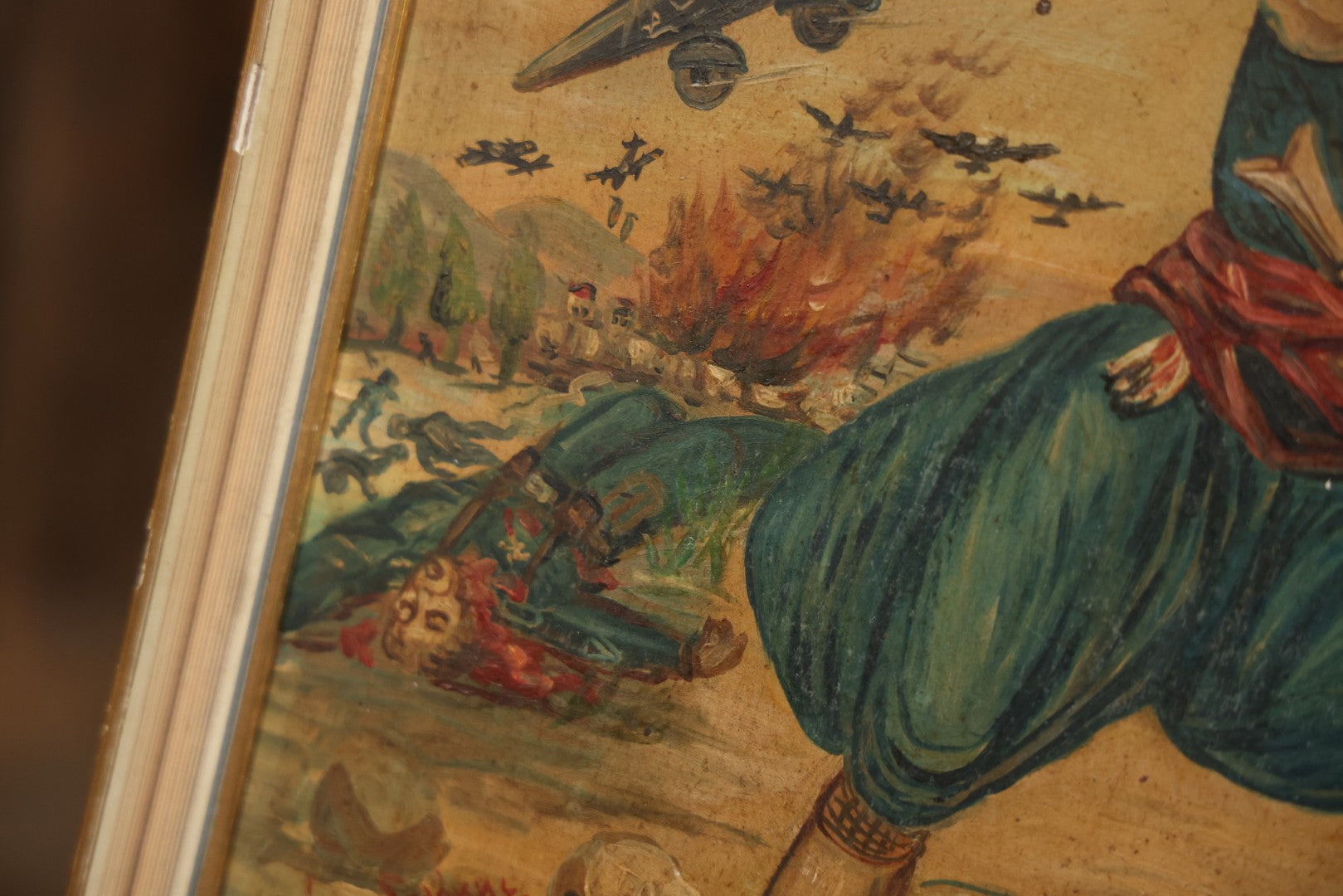 Vintage Mid-20th Century Wartime Folk Art Painting Of Partisan Attacking German Soldier With Stone, Signed And Dated 1941/1947, On Masonite, In Frame, 22-7/8" X 18-3/8"