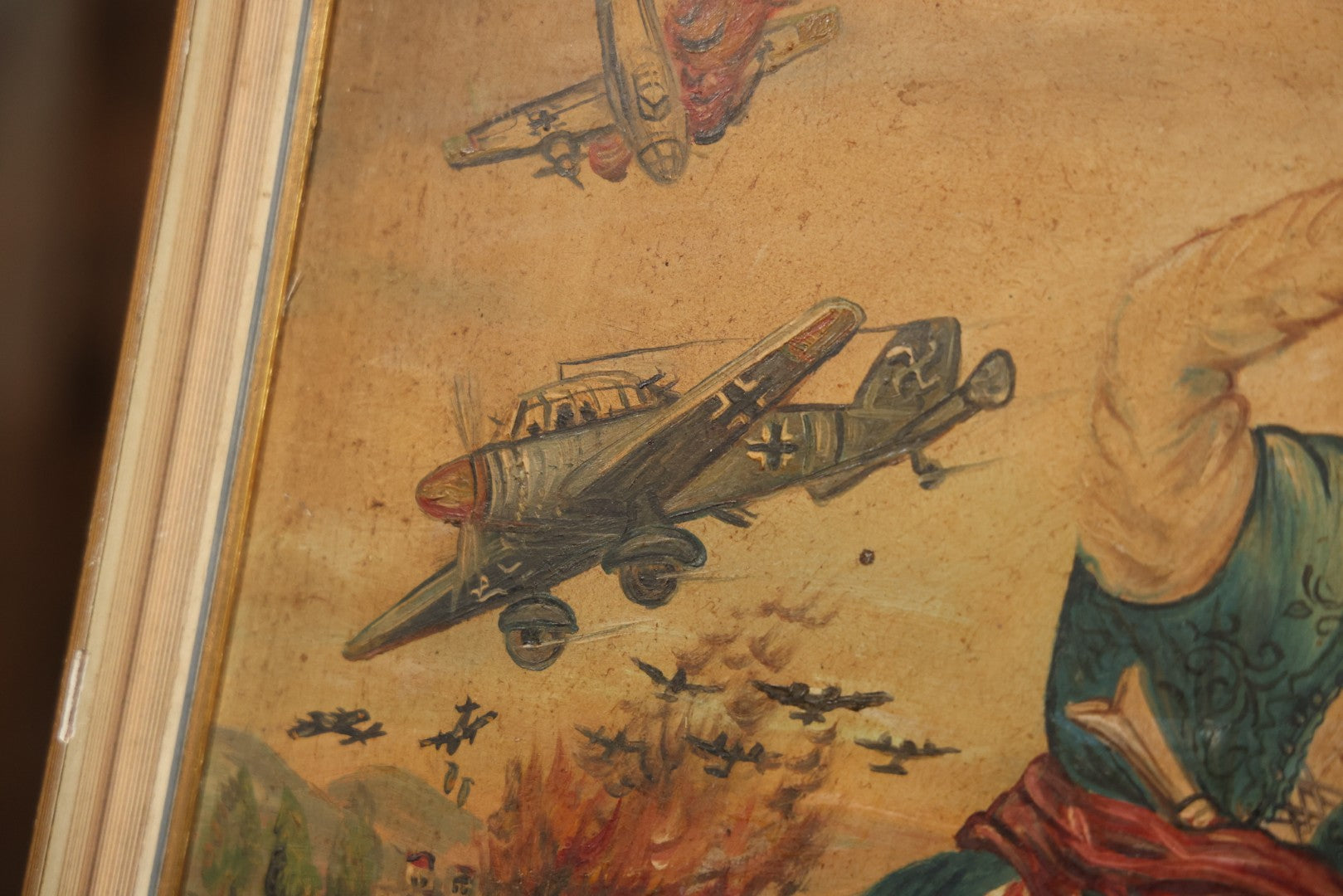 Vintage Mid-20th Century Wartime Folk Art Painting Of Partisan Attacking German Soldier With Stone, Signed And Dated 1941/1947, On Masonite, In Frame, 22-7/8" X 18-3/8"