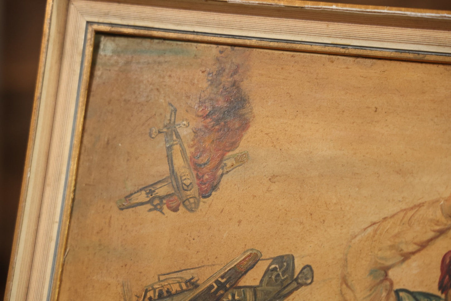 Vintage Mid-20th Century Wartime Folk Art Painting Of Partisan Attacking German Soldier With Stone, Signed And Dated 1941/1947, On Masonite, In Frame, 22-7/8" X 18-3/8"