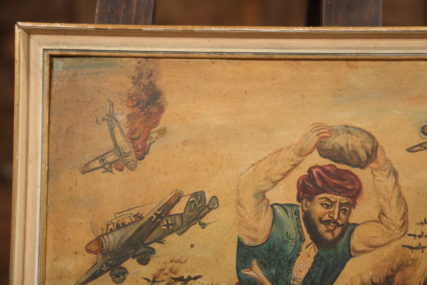 Vintage Mid-20th Century Wartime Folk Art Painting Of Partisan Attacking German Soldier With Stone, Signed And Dated 1941/1947, On Masonite, In Frame, 22-7/8" X 18-3/8"