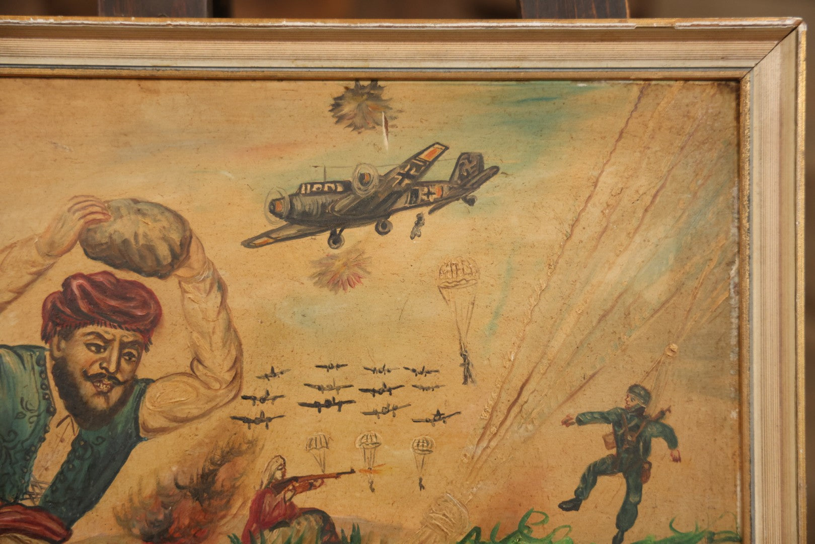 Vintage Mid-20th Century Wartime Folk Art Painting Of Partisan Attacking German Soldier With Stone, Signed And Dated 1941/1947, On Masonite, In Frame, 22-7/8" X 18-3/8"