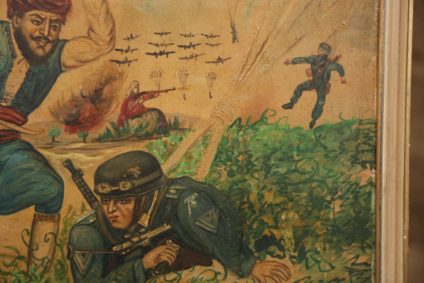 Vintage Mid-20th Century Wartime Folk Art Painting Of Partisan Attacking German Soldier With Stone, Signed And Dated 1941/1947, On Masonite, In Frame, 22-7/8" X 18-3/8"