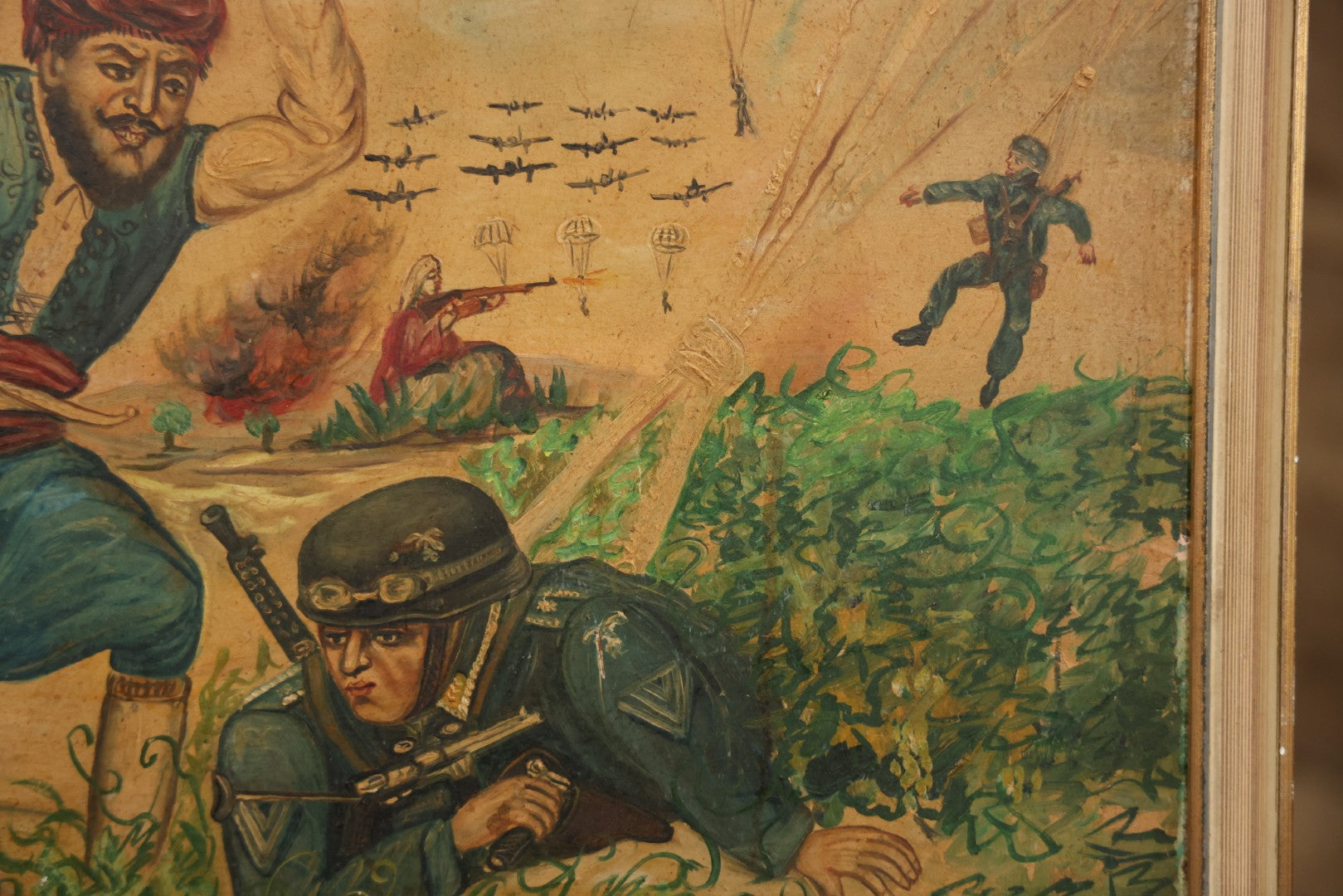 Vintage Mid-20th Century Wartime Folk Art Painting Of Partisan Attacking German Soldier With Stone, Signed And Dated 1941/1947, On Masonite, In Frame, 22-7/8" X 18-3/8"