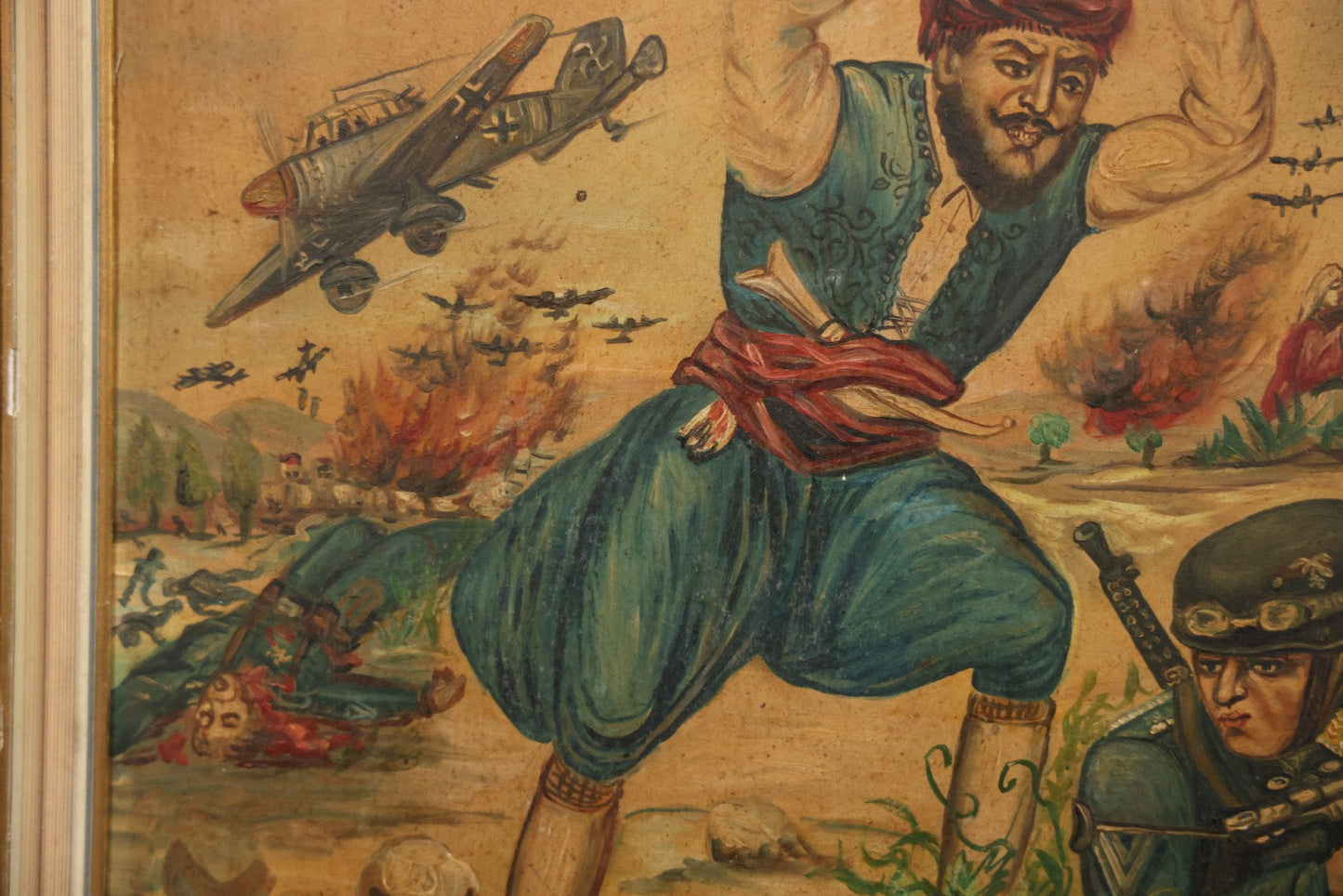 Vintage Mid-20th Century Wartime Folk Art Painting Of Partisan Attacking German Soldier With Stone, Signed And Dated 1941/1947, On Masonite, In Frame, 22-7/8" X 18-3/8"