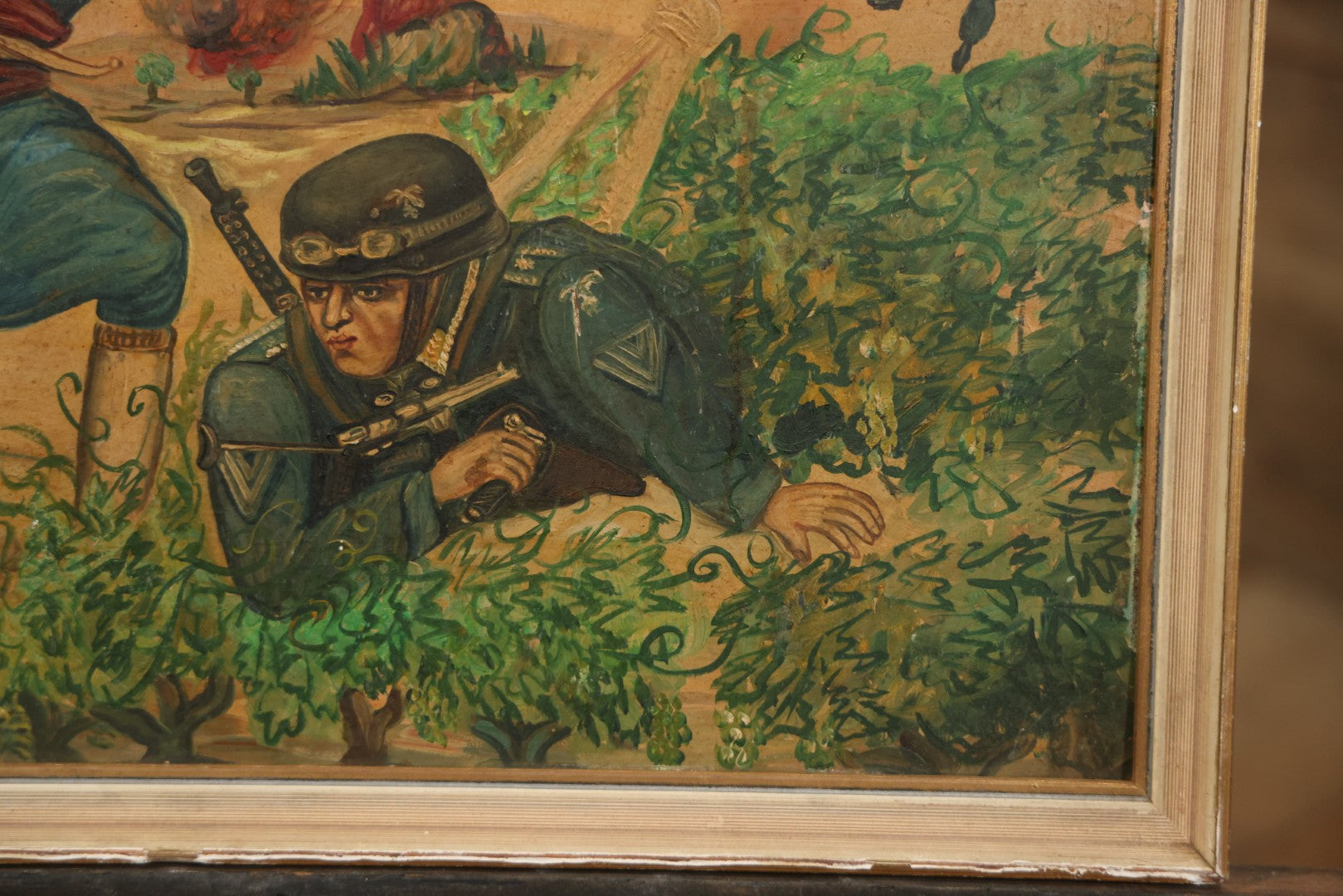 Vintage Mid-20th Century Wartime Folk Art Painting Of Partisan Attacking German Soldier With Stone, Signed And Dated 1941/1947, On Masonite, In Frame, 22-7/8" X 18-3/8"