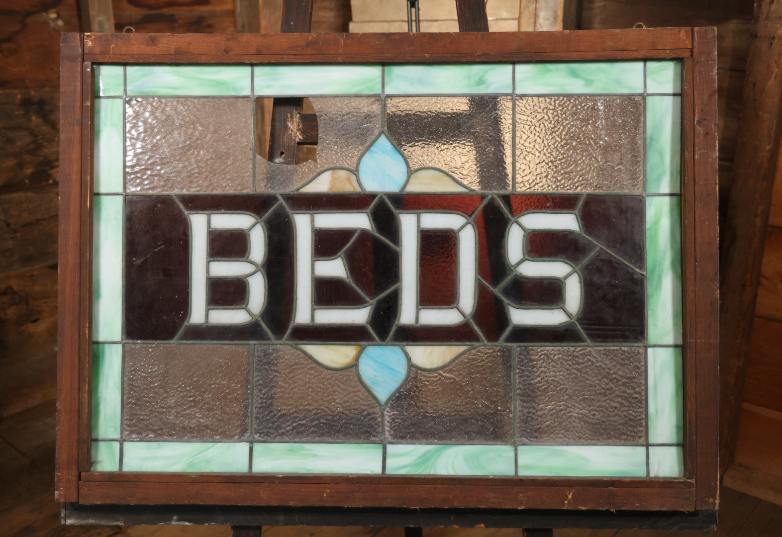 Antique Stained Glass Trade Sign “Beds,” From Boston Boarding House, With Damage And Wear, 43-3/8" X 31-1/4"
