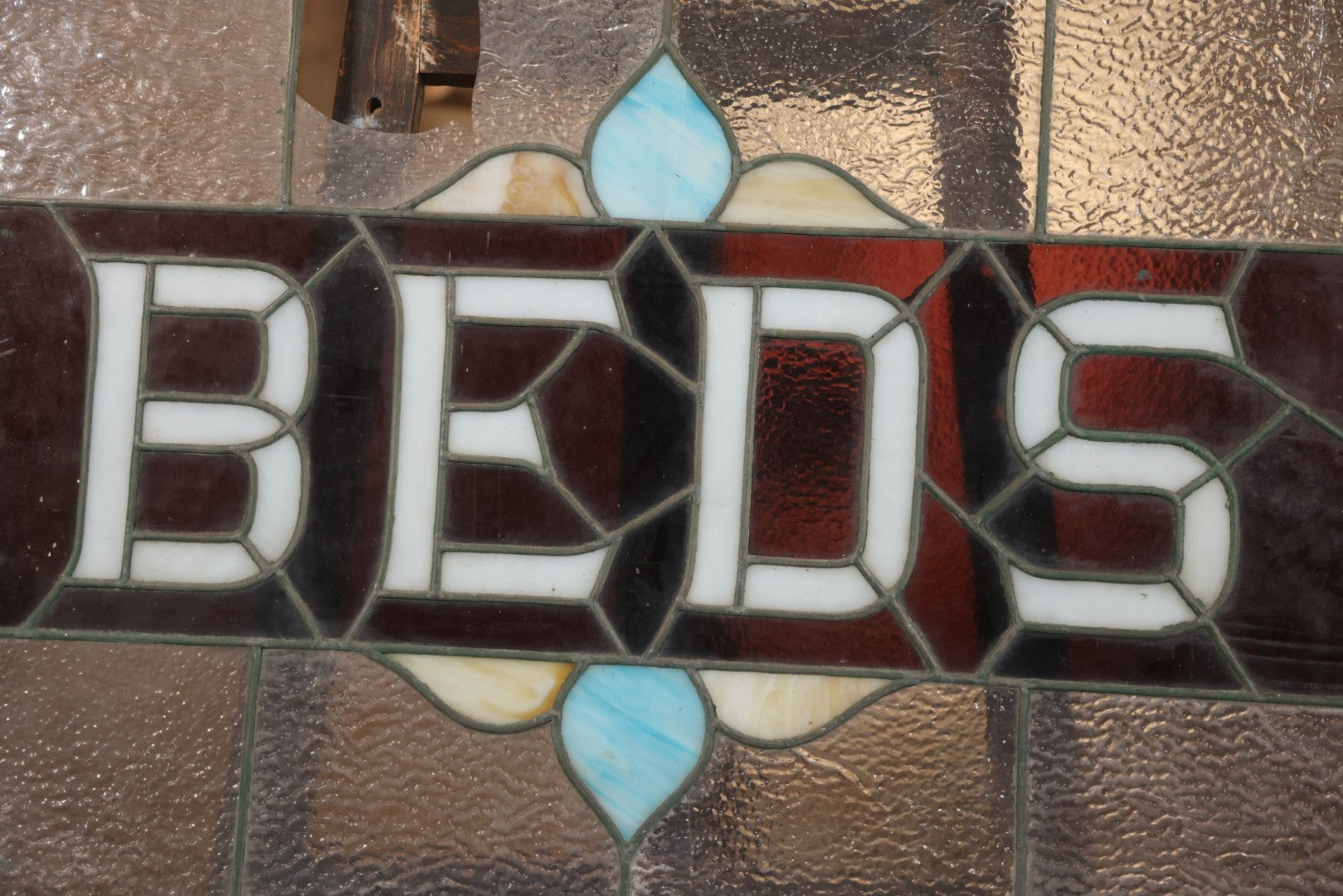 Antique Stained Glass Trade Sign “Beds,” From Boston Boarding House, With Damage And Wear, 43-3/8" X 31-1/4"