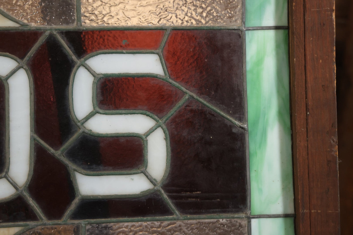 Antique Stained Glass Trade Sign “Beds,” From Boston Boarding House, With Damage And Wear, 43-3/8" X 31-1/4"