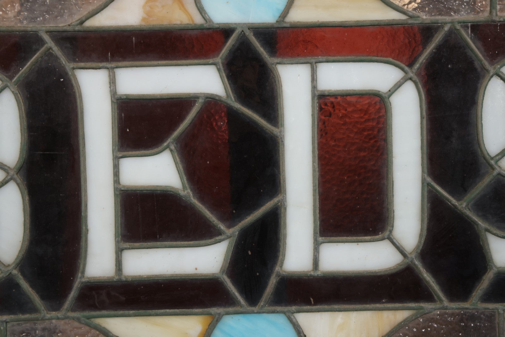 Antique Stained Glass Trade Sign “Beds,” From Boston Boarding House, With Damage And Wear, 43-3/8" X 31-1/4"