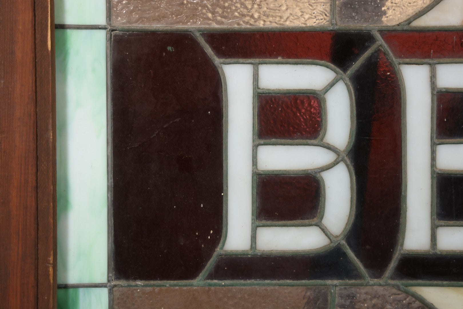 Antique Stained Glass Trade Sign “Beds,” From Boston Boarding House, With Damage And Wear, 43-3/8" X 31-1/4"