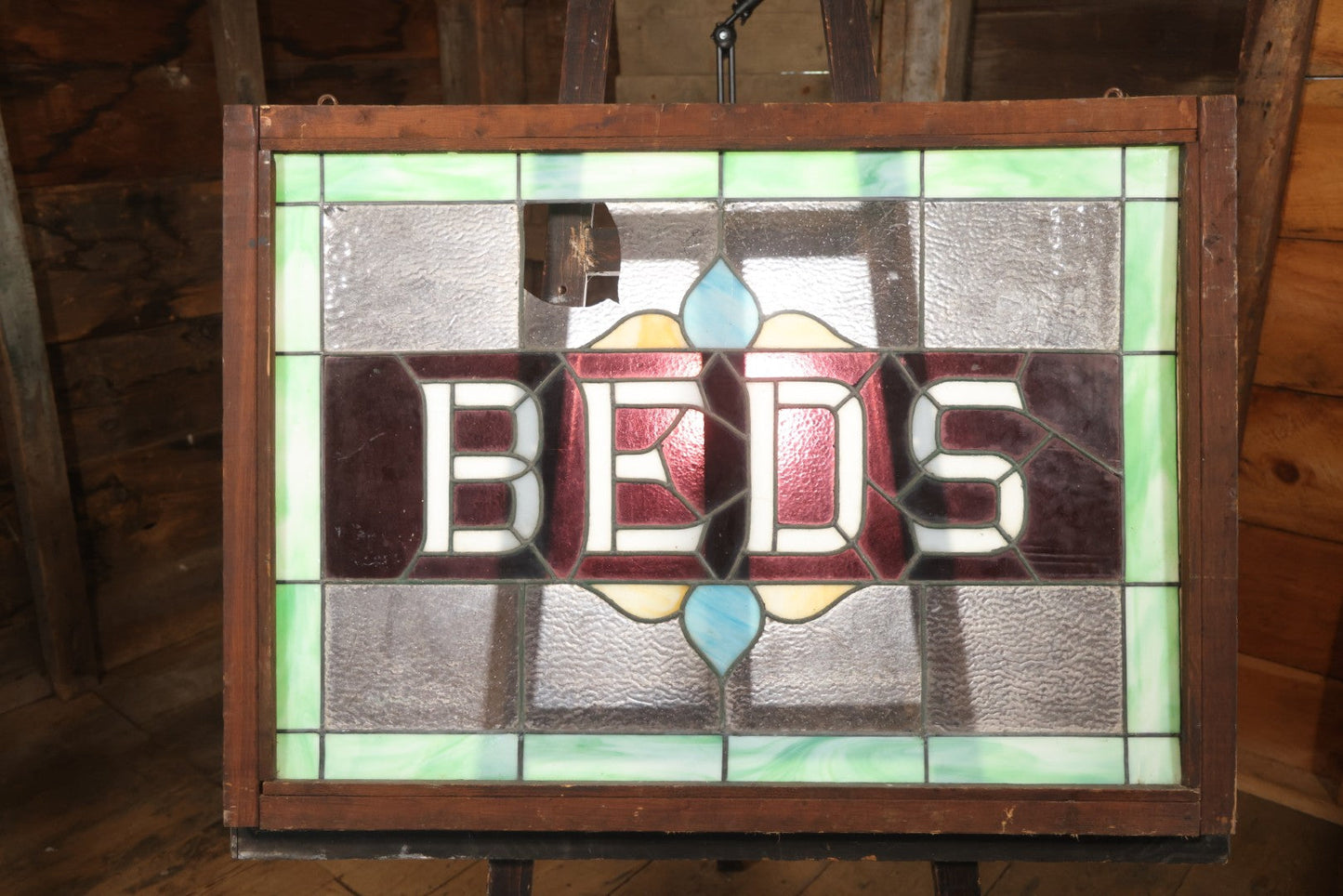 Antique Stained Glass Trade Sign “Beds,” From Boston Boarding House, With Damage And Wear, 43-3/8" X 31-1/4"