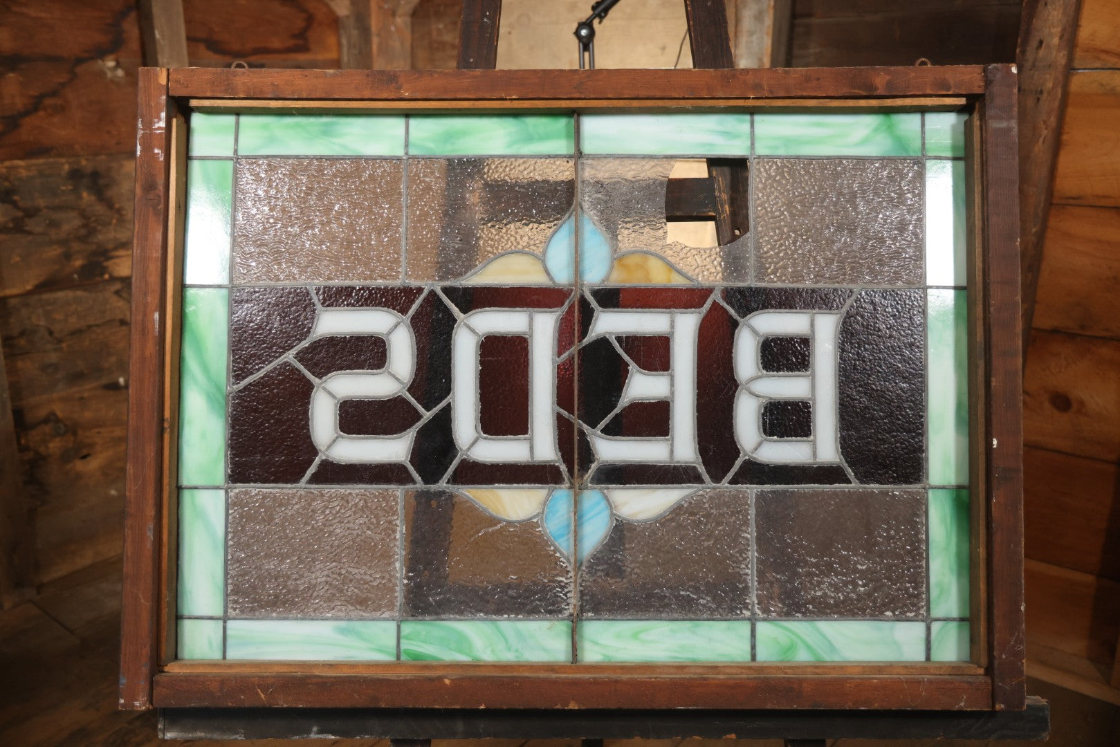 Antique Stained Glass Trade Sign “Beds,” From Boston Boarding House, With Damage And Wear, 43-3/8" X 31-1/4"
