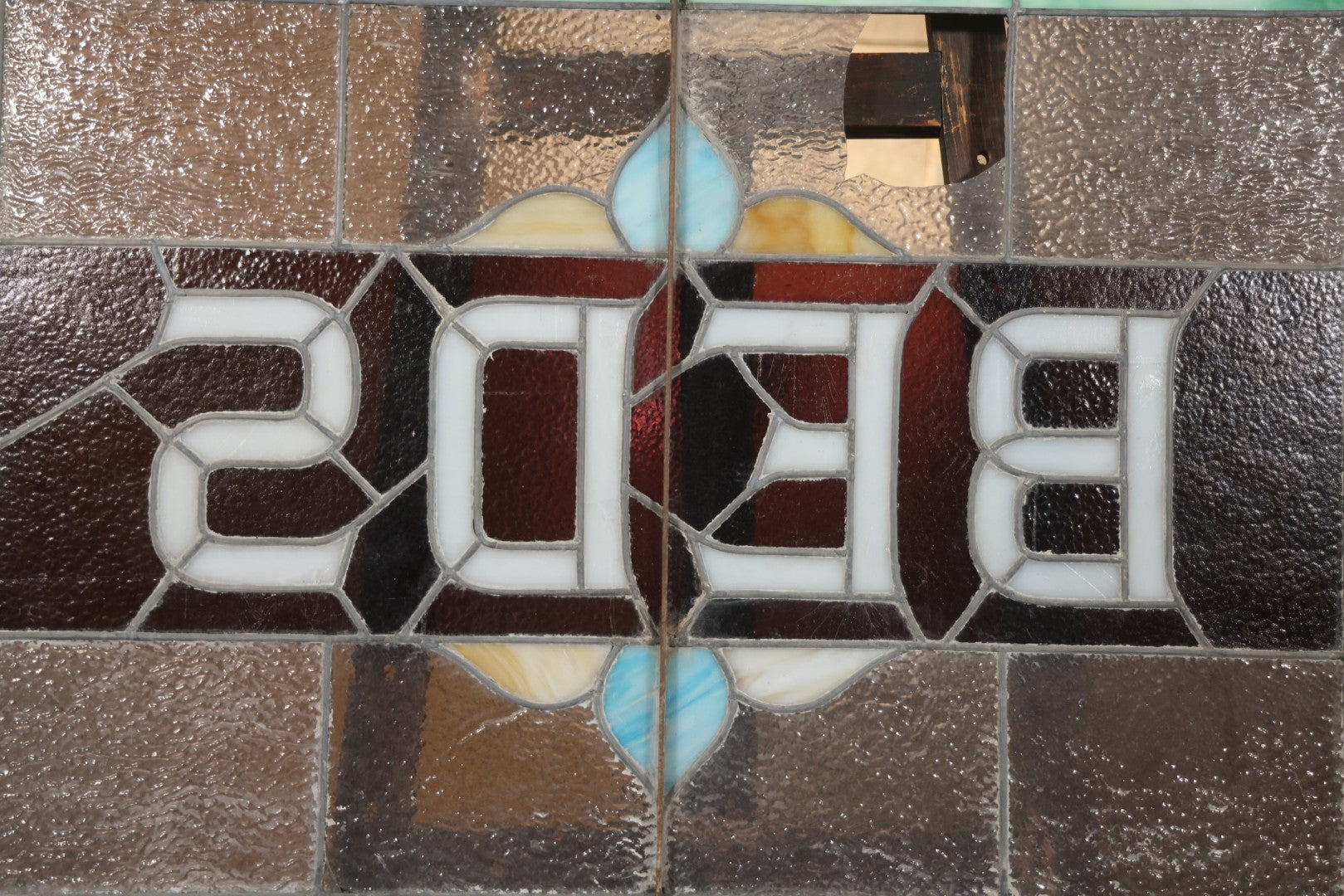 Antique Stained Glass Trade Sign “Beds,” From Boston Boarding House, With Damage And Wear, 43-3/8" X 31-1/4"