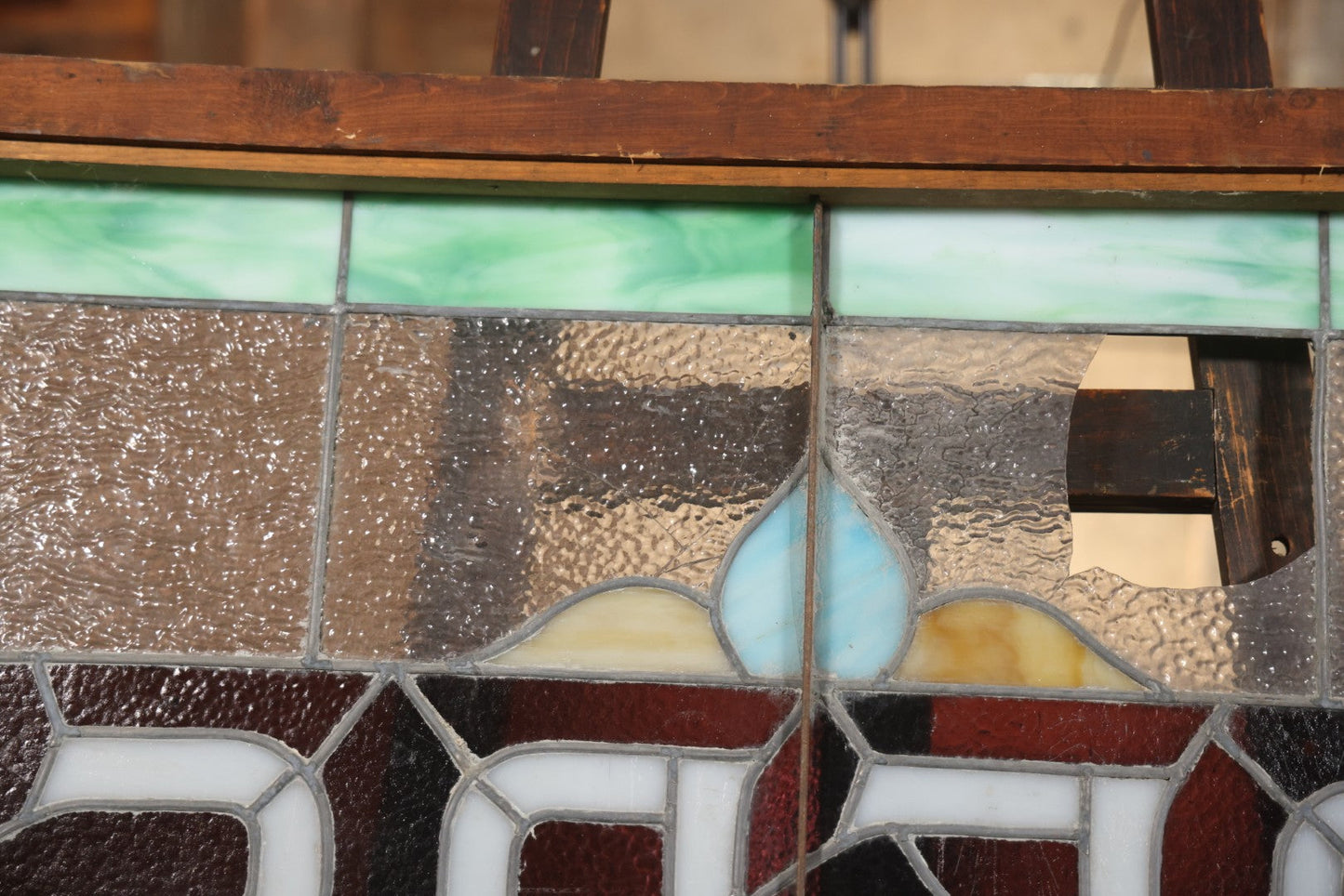 Antique Stained Glass Trade Sign “Beds,” From Boston Boarding House, With Damage And Wear, 43-3/8" X 31-1/4"