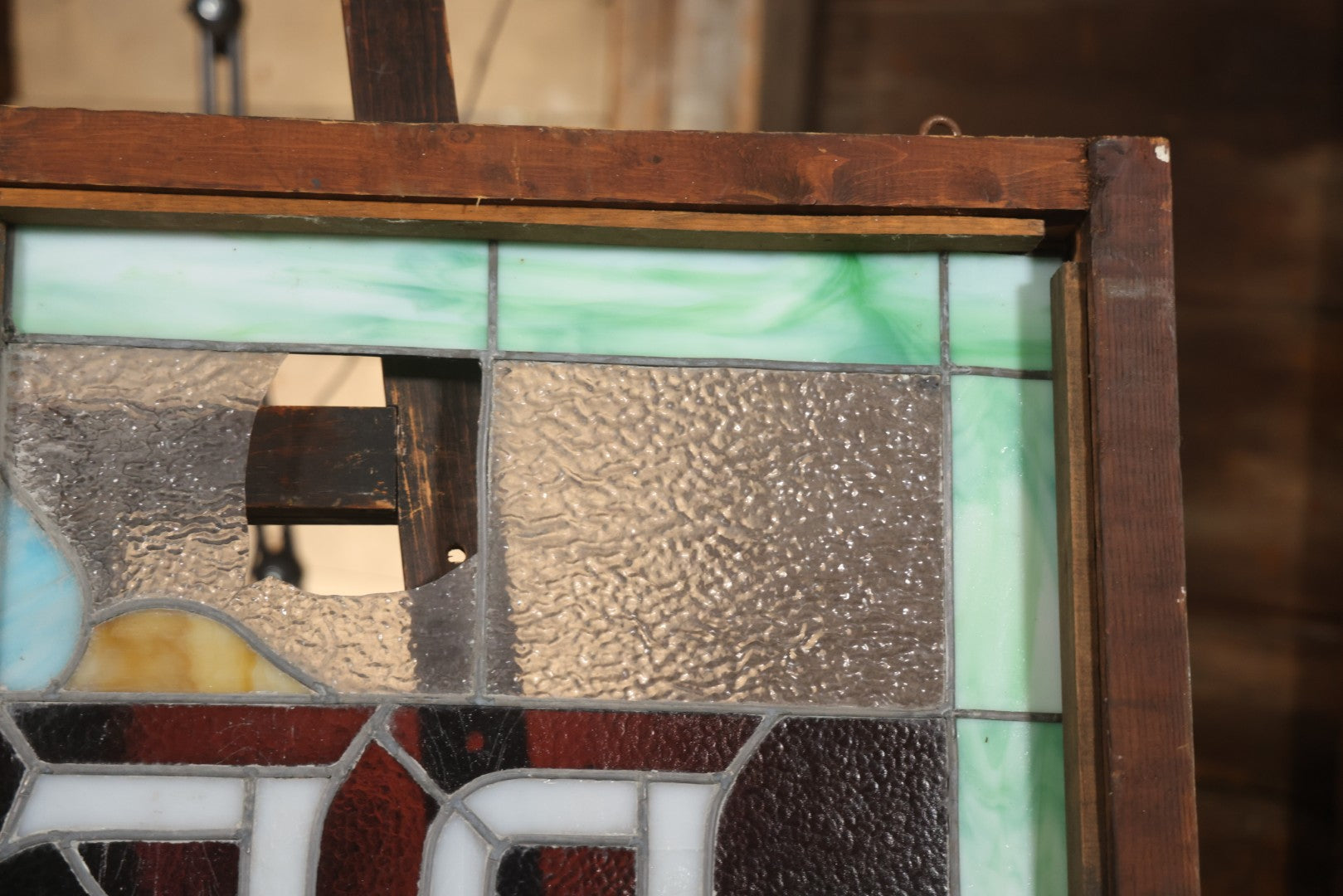 Antique Stained Glass Trade Sign “Beds,” From Boston Boarding House, With Damage And Wear, 43-3/8" X 31-1/4"