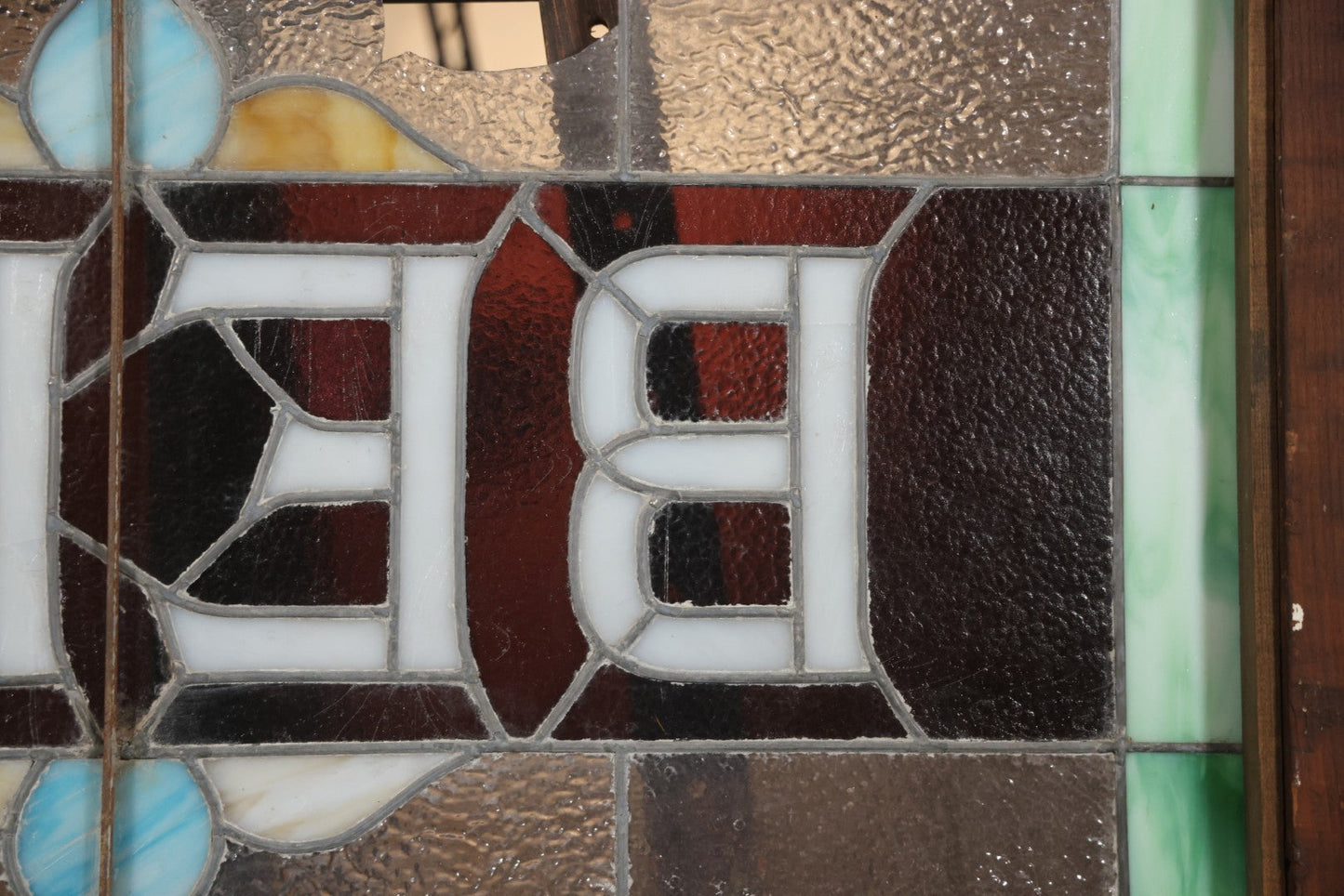 Antique Stained Glass Trade Sign “Beds,” From Boston Boarding House, With Damage And Wear, 43-3/8" X 31-1/4"