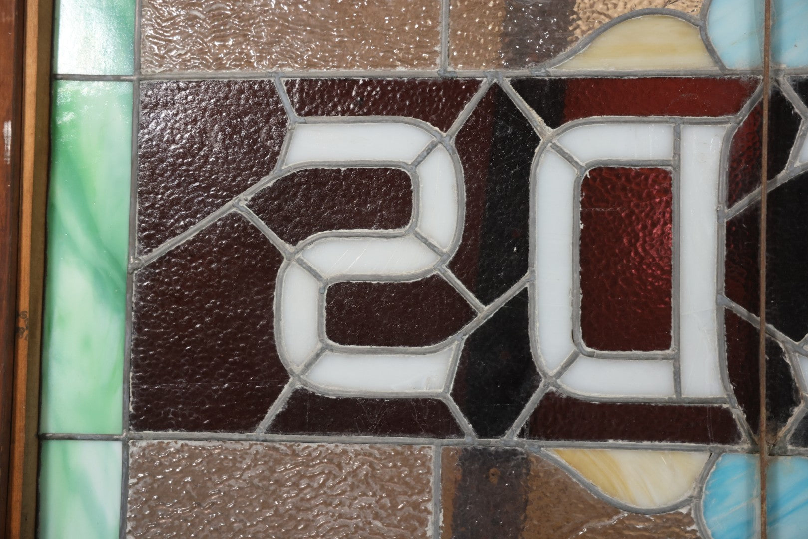 Antique Stained Glass Trade Sign “Beds,” From Boston Boarding House, With Damage And Wear, 43-3/8" X 31-1/4"