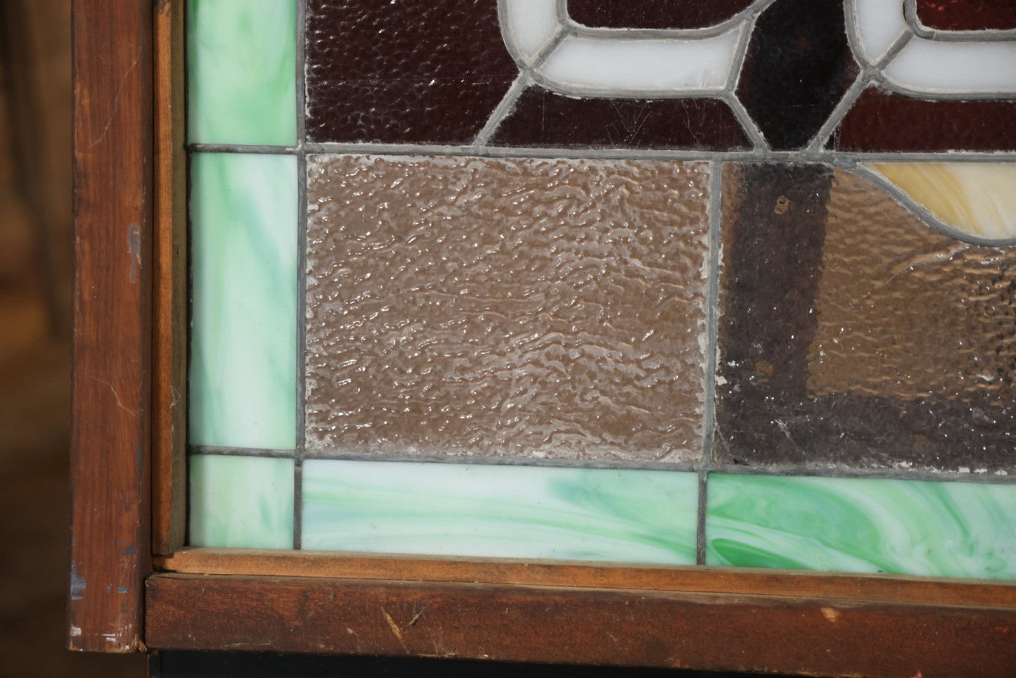 Antique Stained Glass Trade Sign “Beds,” From Boston Boarding House, With Damage And Wear, 43-3/8" X 31-1/4"