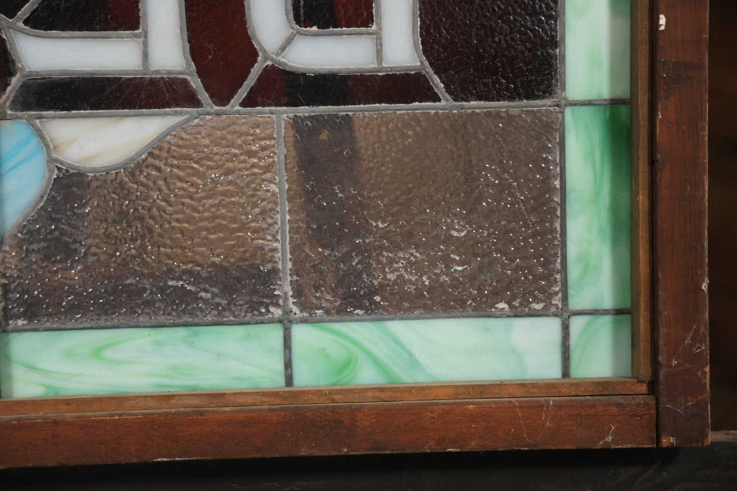 Antique Stained Glass Trade Sign “Beds,” From Boston Boarding House, With Damage And Wear, 43-3/8" X 31-1/4"