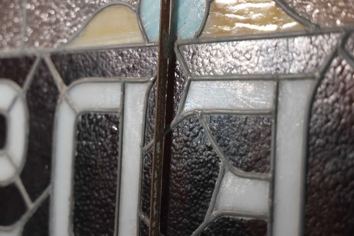 Antique Stained Glass Trade Sign “Beds,” From Boston Boarding House, With Damage And Wear, 43-3/8" X 31-1/4"