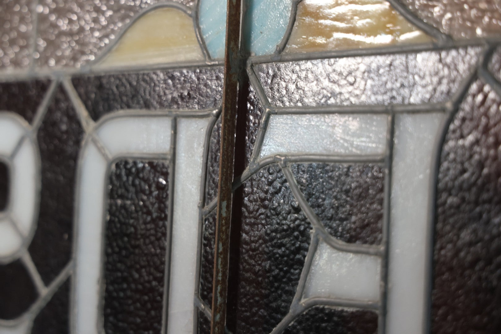 Antique Stained Glass Trade Sign “Beds,” From Boston Boarding House, With Damage And Wear, 43-3/8" X 31-1/4"