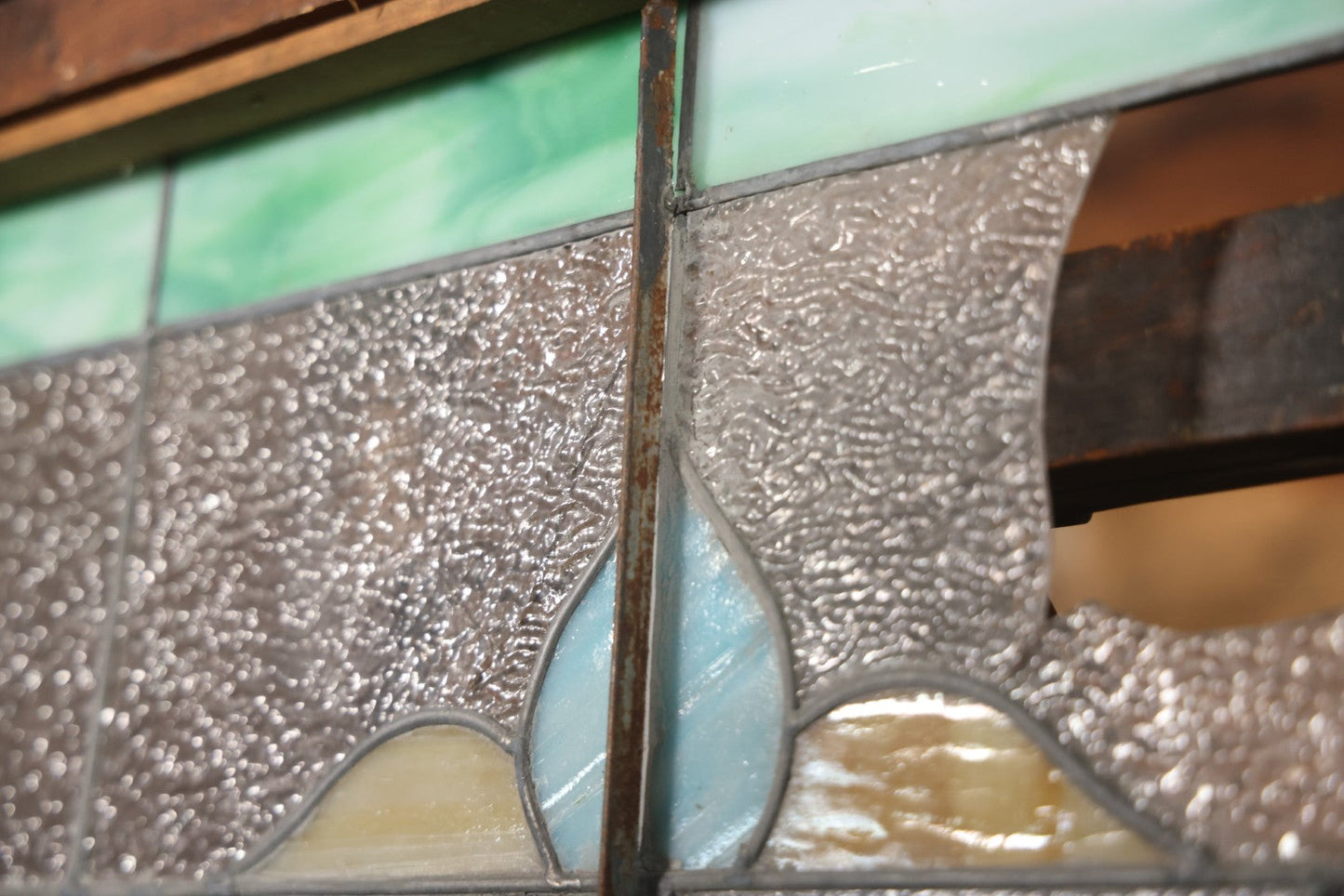 Antique Stained Glass Trade Sign “Beds,” From Boston Boarding House, With Damage And Wear, 43-3/8" X 31-1/4"