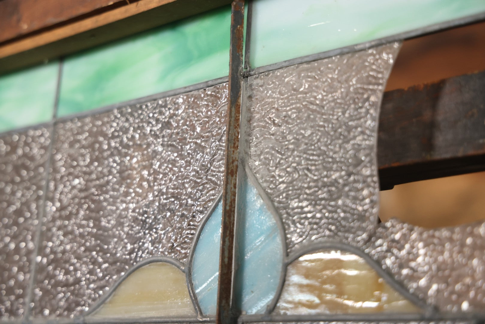 Antique Stained Glass Trade Sign “Beds,” From Boston Boarding House, With Damage And Wear, 43-3/8" X 31-1/4"