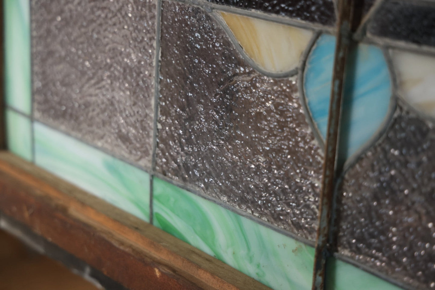 Antique Stained Glass Trade Sign “Beds,” From Boston Boarding House, With Damage And Wear, 43-3/8" X 31-1/4"