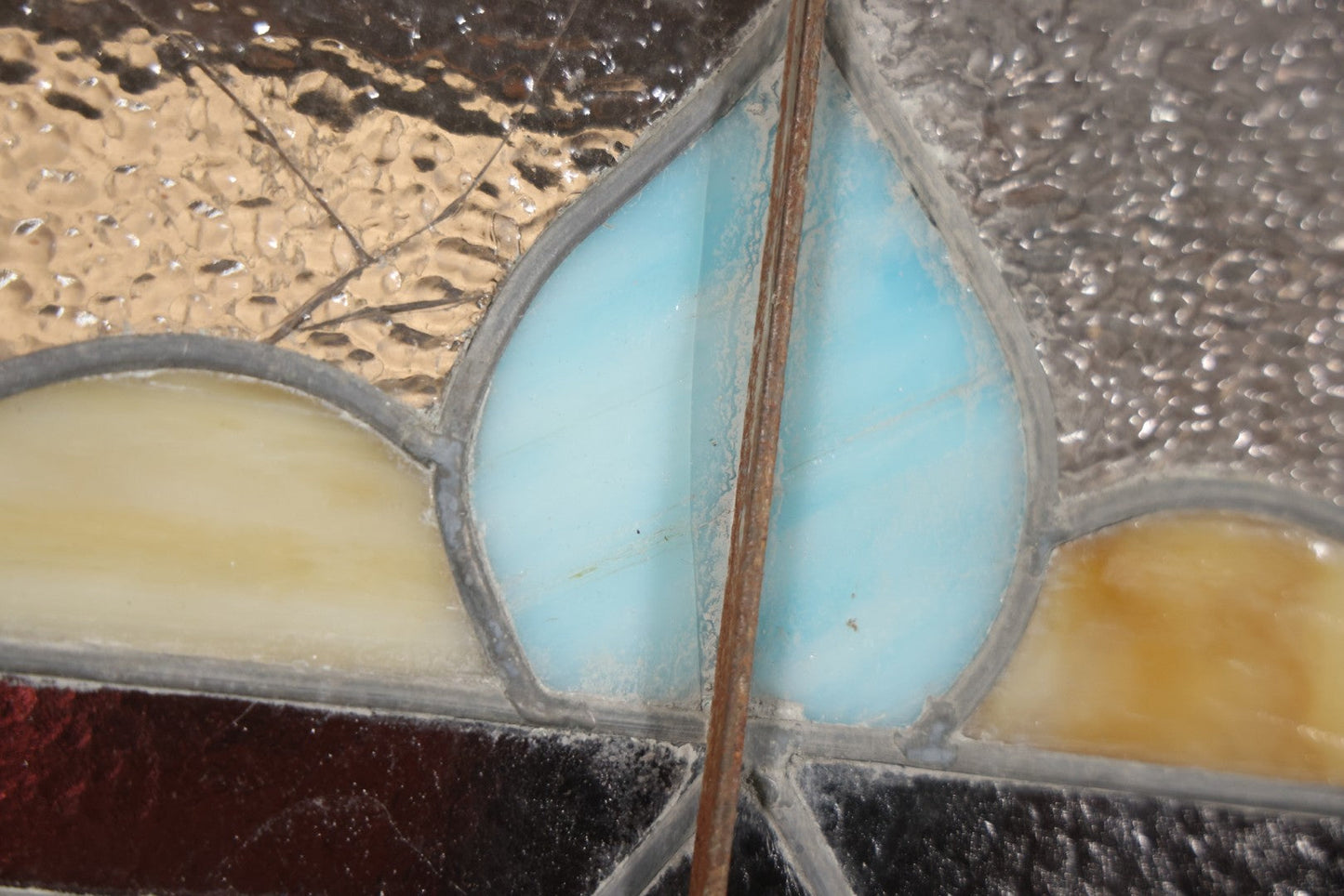 Antique Stained Glass Trade Sign “Beds,” From Boston Boarding House, With Damage And Wear, 43-3/8" X 31-1/4"