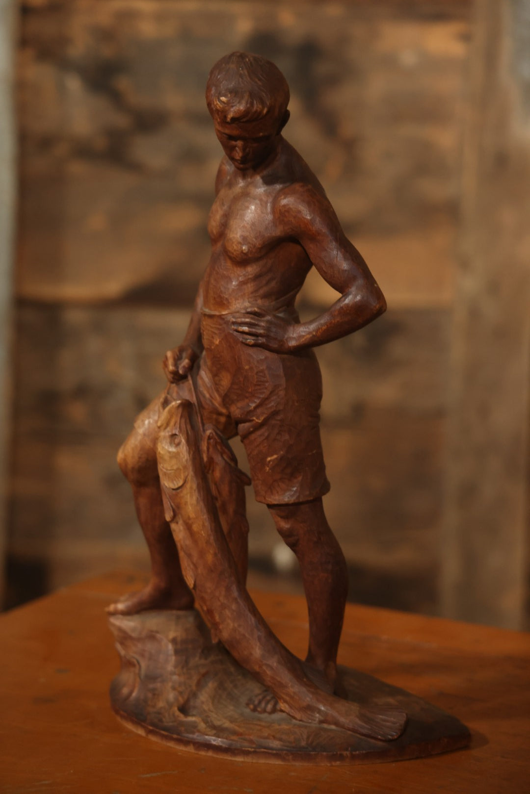 Vintage Folk Art Hand Carved Wood Sculpture Of Boy Fisherman Holding Large Catch, 18-5/8" H