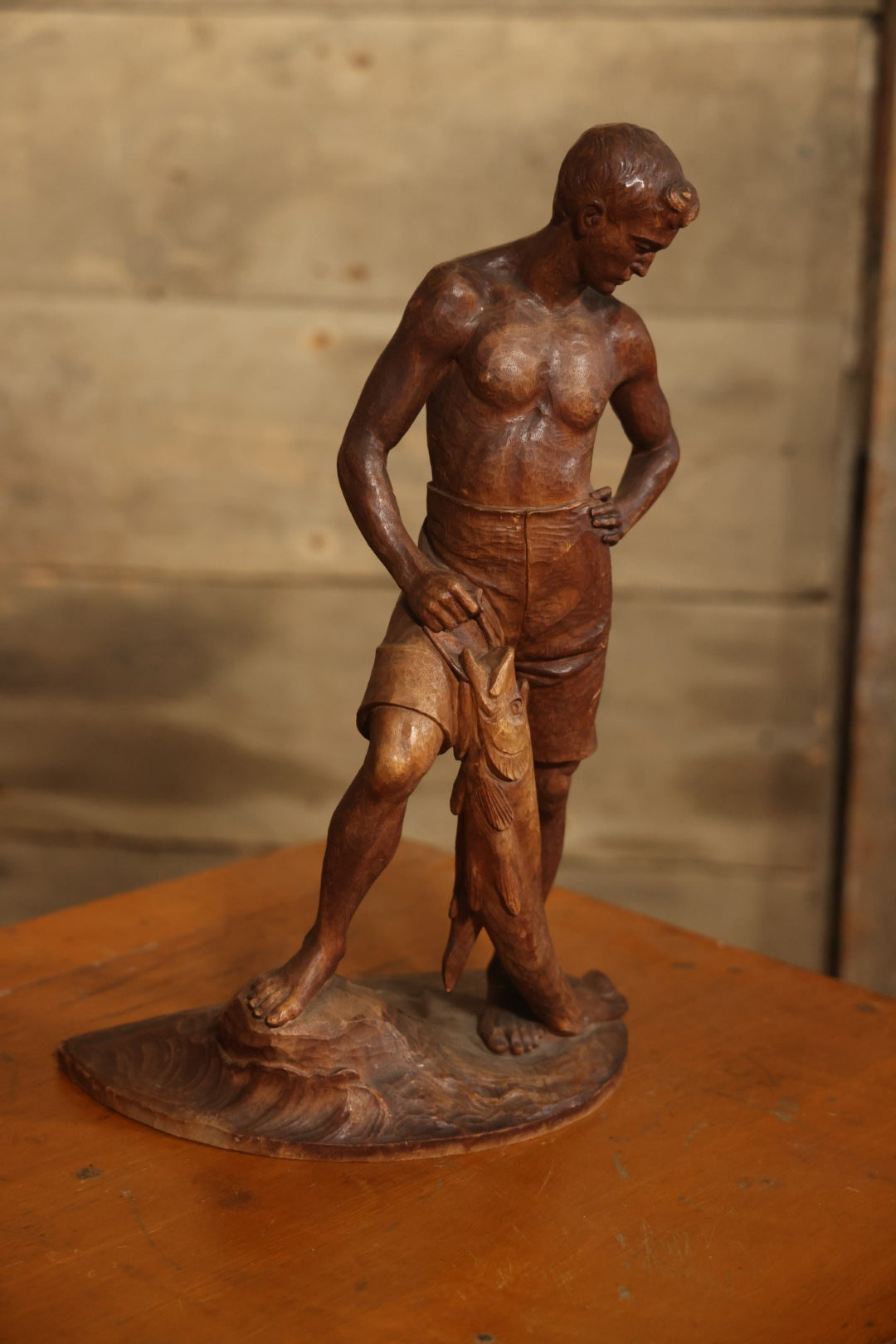 Vintage Folk Art Hand Carved Wood Sculpture Of Boy Fisherman Holding Large Catch, 18-5/8" H