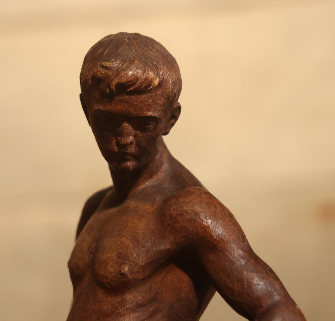 Vintage Folk Art Hand Carved Wood Sculpture Of Boy Fisherman Holding Large Catch, 18-5/8" H