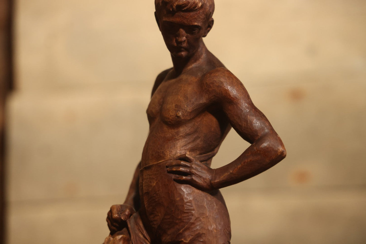 Vintage Folk Art Hand Carved Wood Sculpture Of Boy Fisherman Holding Large Catch, 18-5/8" H