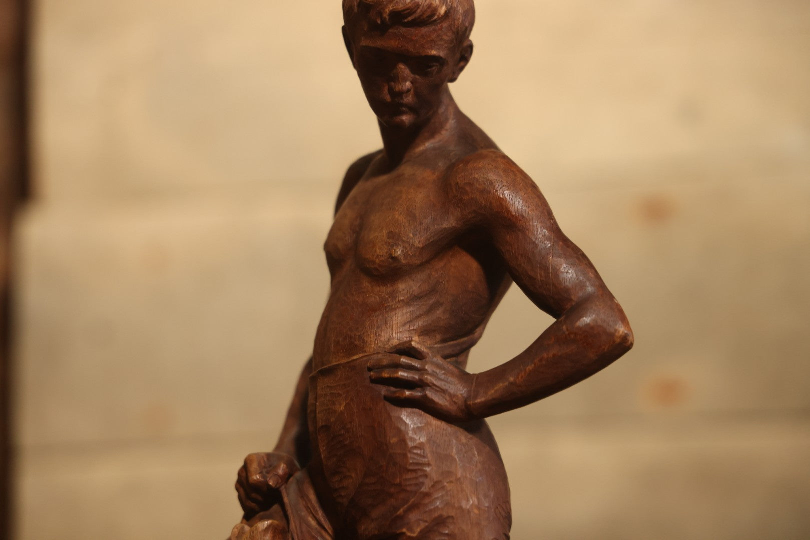 Vintage Folk Art Hand Carved Wood Sculpture Of Boy Fisherman Holding Large Catch, 18-5/8" H