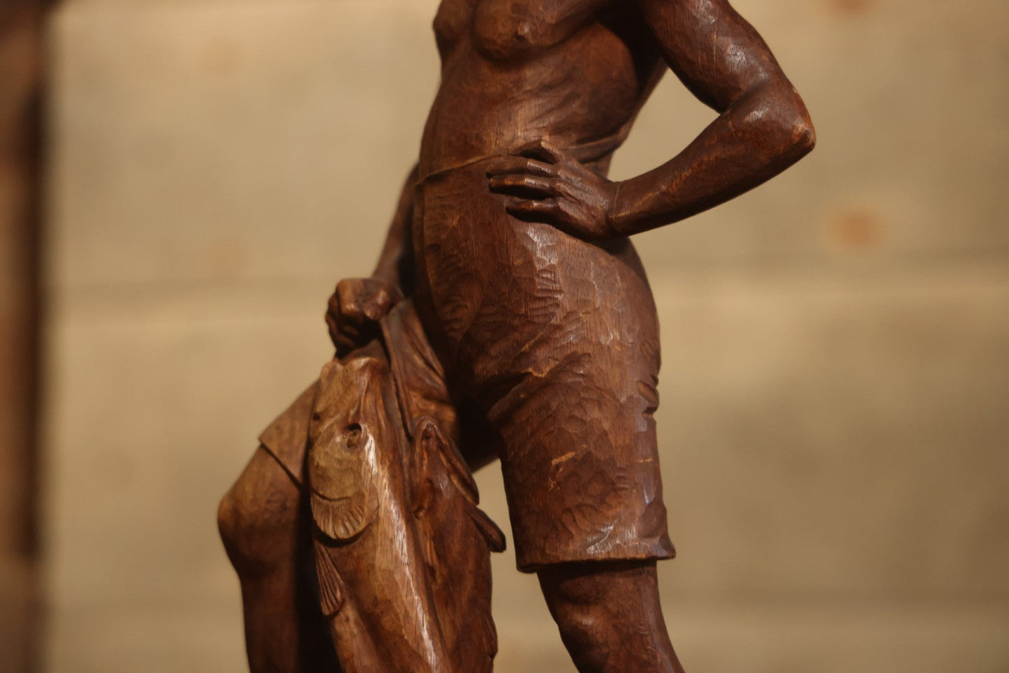 Vintage Folk Art Hand Carved Wood Sculpture Of Boy Fisherman Holding Large Catch, 18-5/8" H