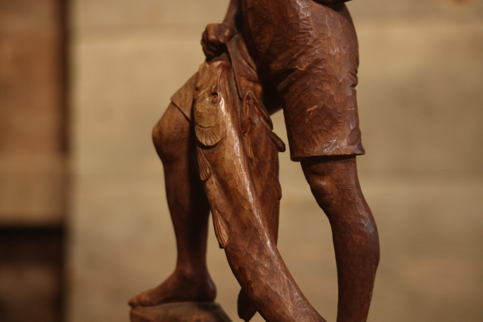 Vintage Folk Art Hand Carved Wood Sculpture Of Boy Fisherman Holding Large Catch, 18-5/8" H