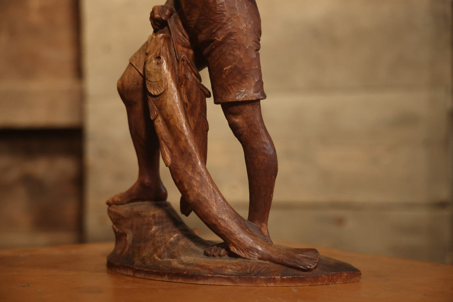 Vintage Folk Art Hand Carved Wood Sculpture Of Boy Fisherman Holding Large Catch, 18-5/8" H