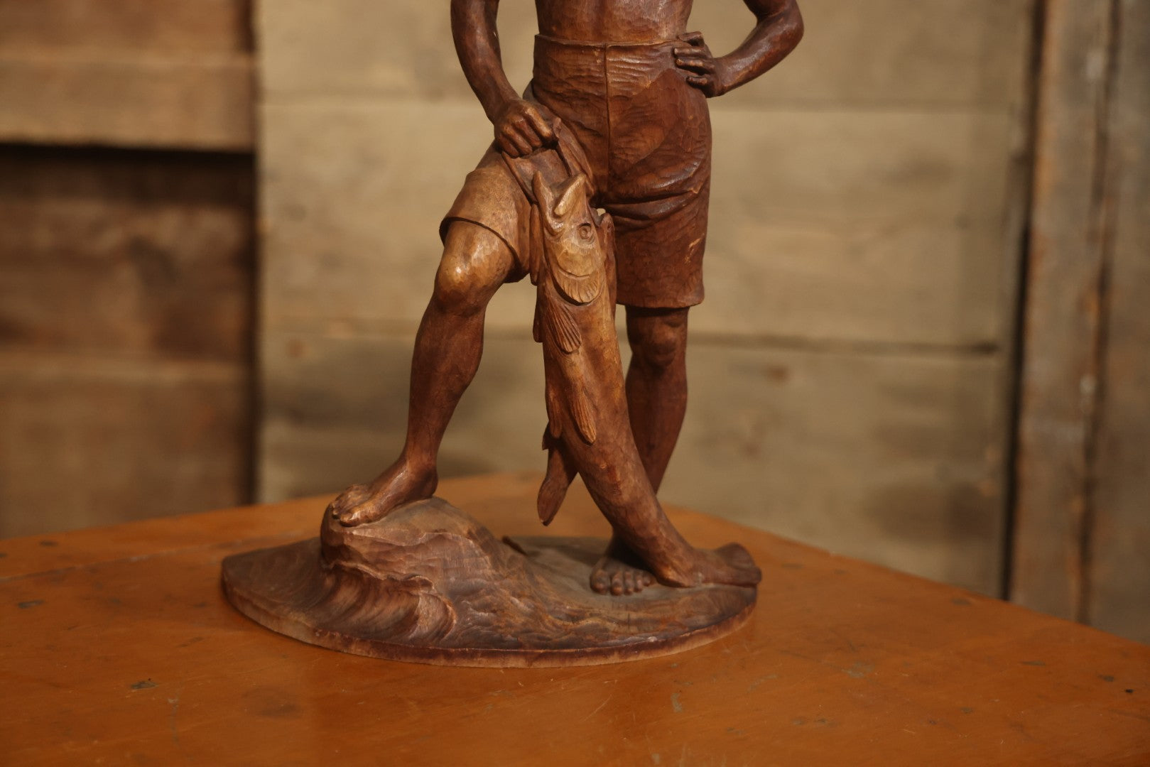 Vintage Folk Art Hand Carved Wood Sculpture Of Boy Fisherman Holding Large Catch, 18-5/8" H