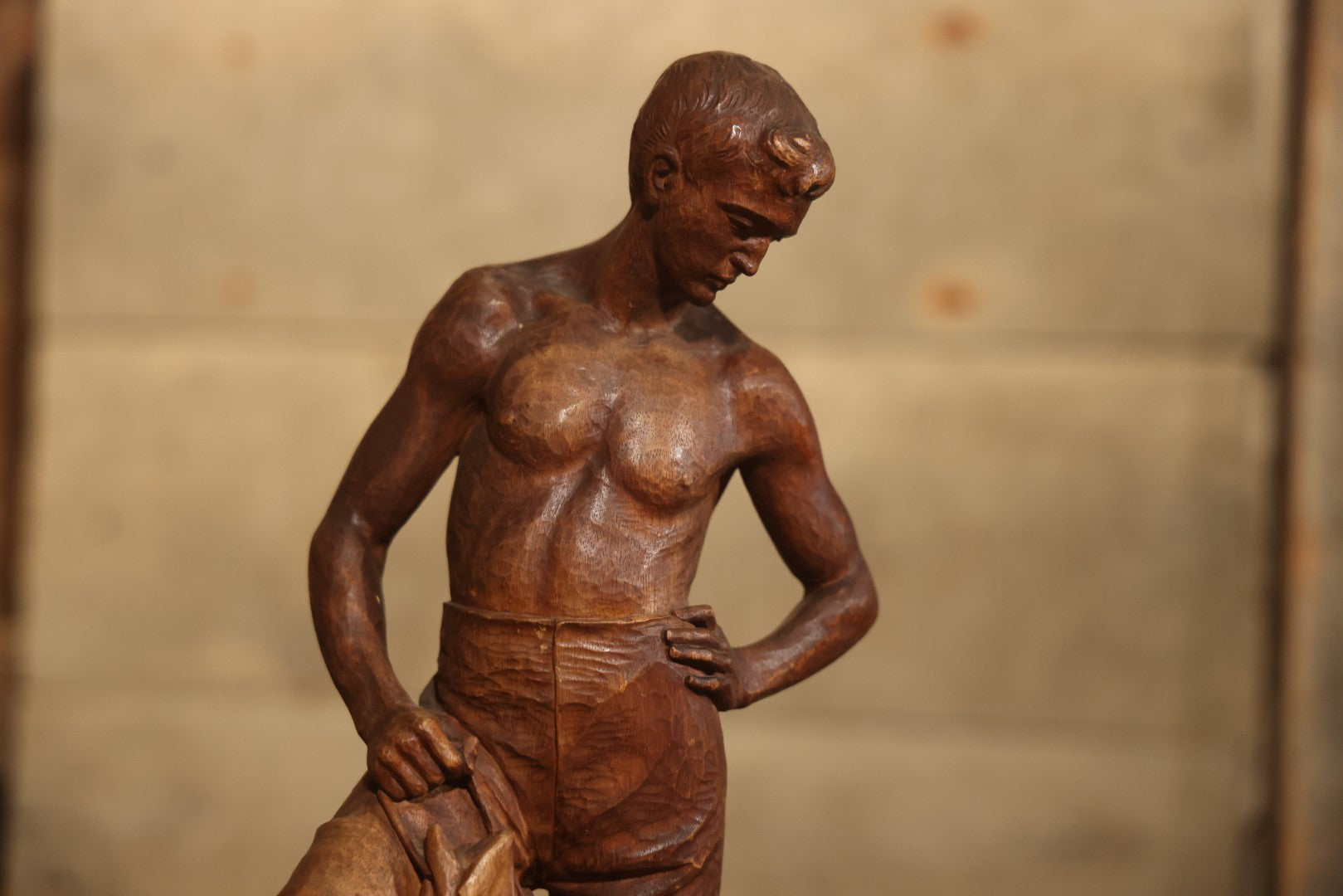 Vintage Folk Art Hand Carved Wood Sculpture Of Boy Fisherman Holding Large Catch, 18-5/8" H