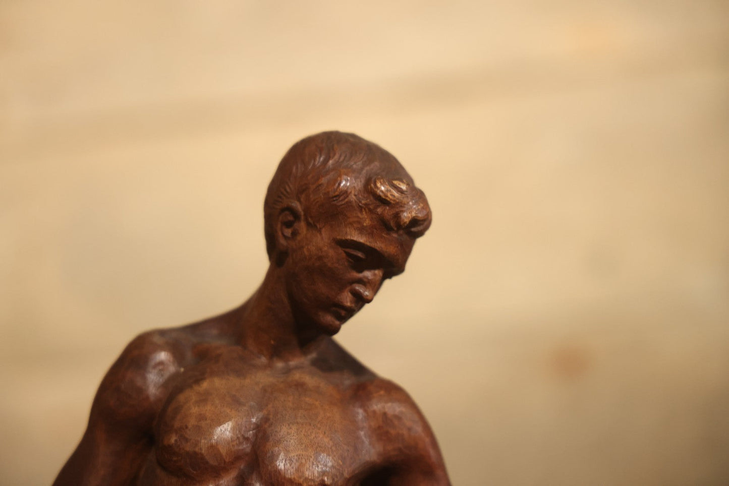 Vintage Folk Art Hand Carved Wood Sculpture Of Boy Fisherman Holding Large Catch, 18-5/8" H