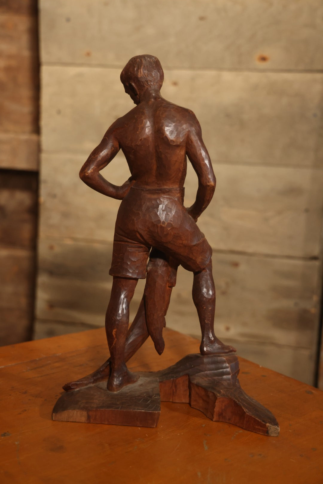 Vintage Folk Art Hand Carved Wood Sculpture Of Boy Fisherman Holding Large Catch, 18-5/8" H