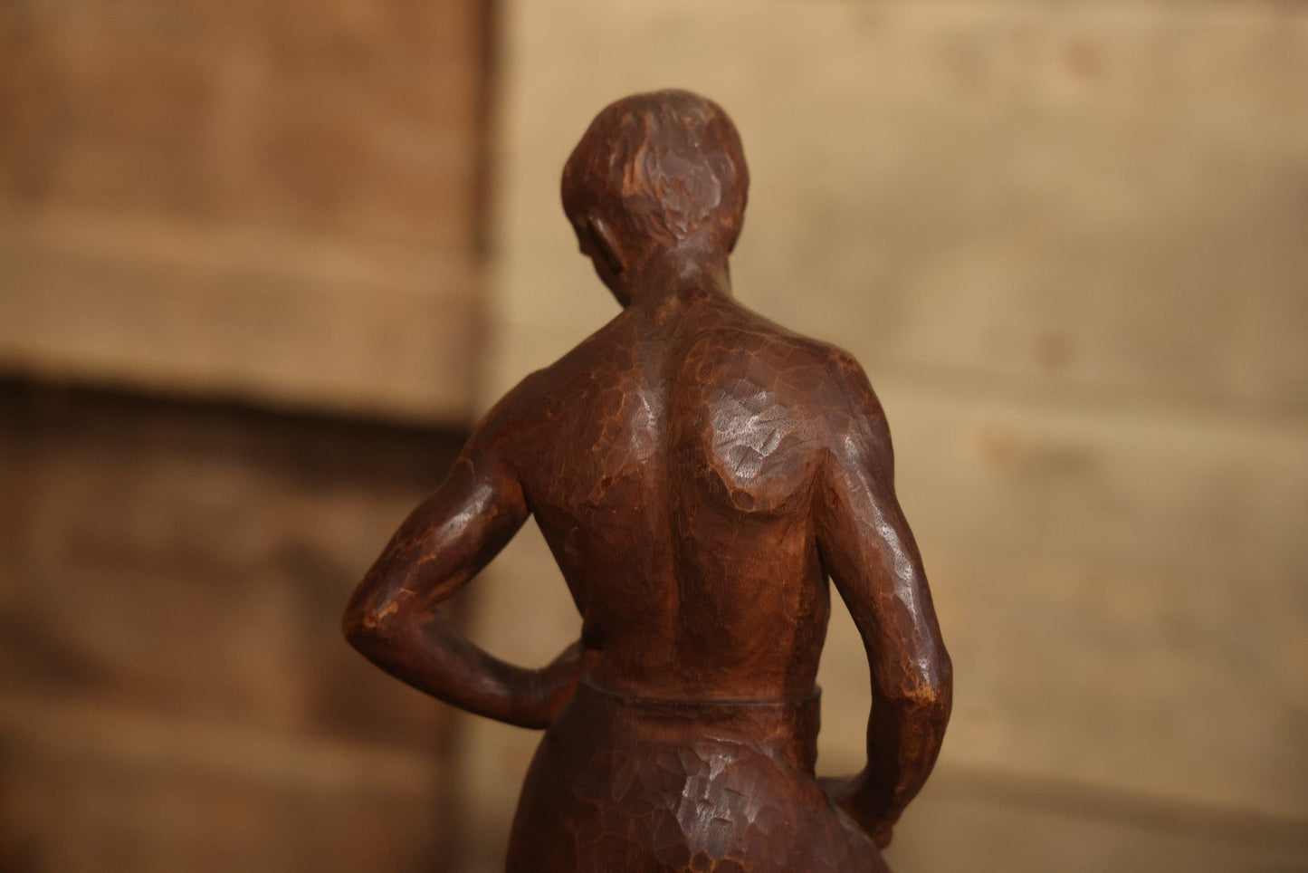 Vintage Folk Art Hand Carved Wood Sculpture Of Boy Fisherman Holding Large Catch, 18-5/8" H