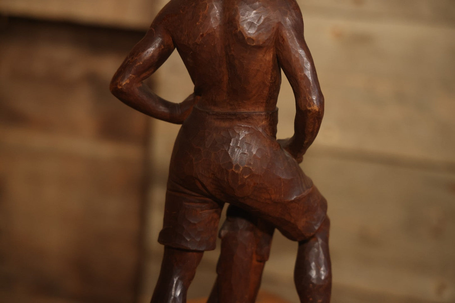 Vintage Folk Art Hand Carved Wood Sculpture Of Boy Fisherman Holding Large Catch, 18-5/8" H