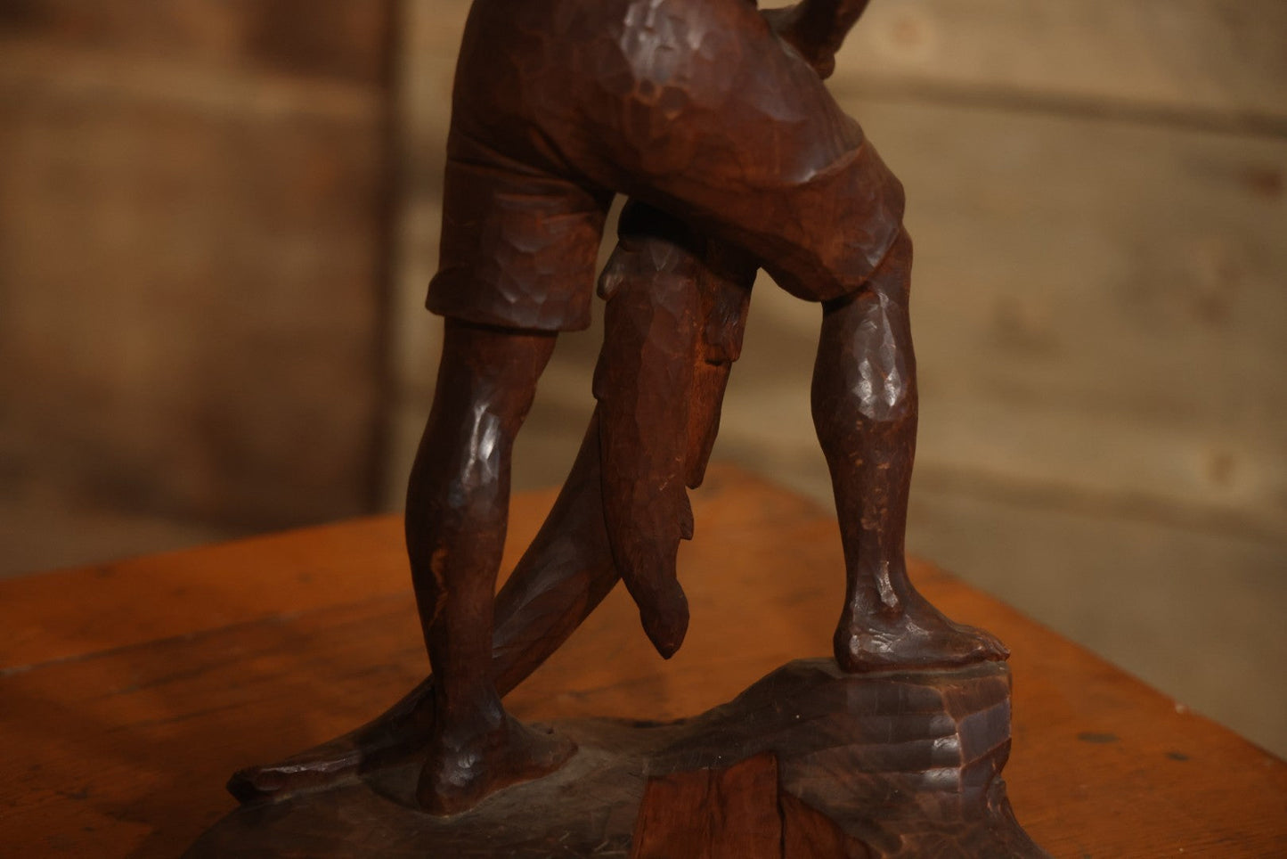 Vintage Folk Art Hand Carved Wood Sculpture Of Boy Fisherman Holding Large Catch, 18-5/8" H