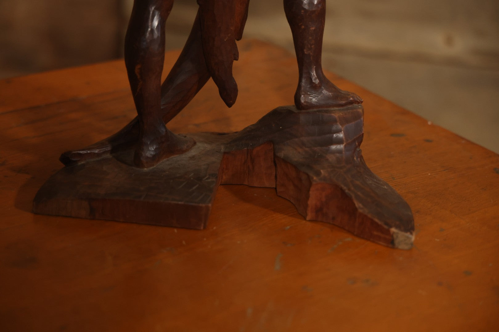 Vintage Folk Art Hand Carved Wood Sculpture Of Boy Fisherman Holding Large Catch, 18-5/8" H