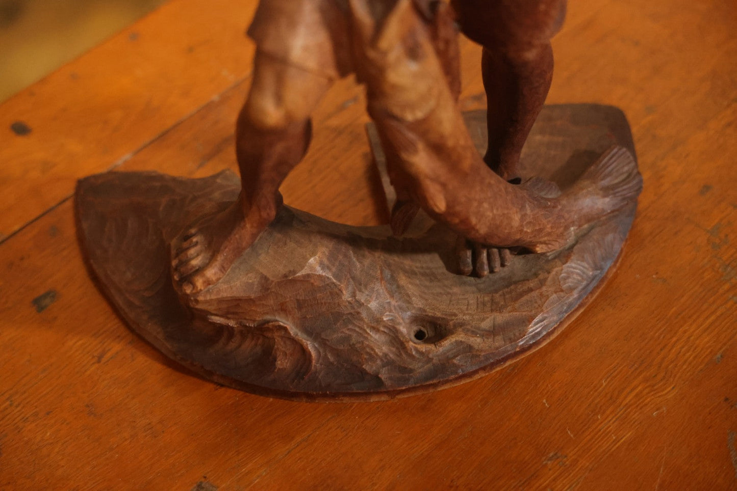 Vintage Folk Art Hand Carved Wood Sculpture Of Boy Fisherman Holding Large Catch, 18-5/8" H