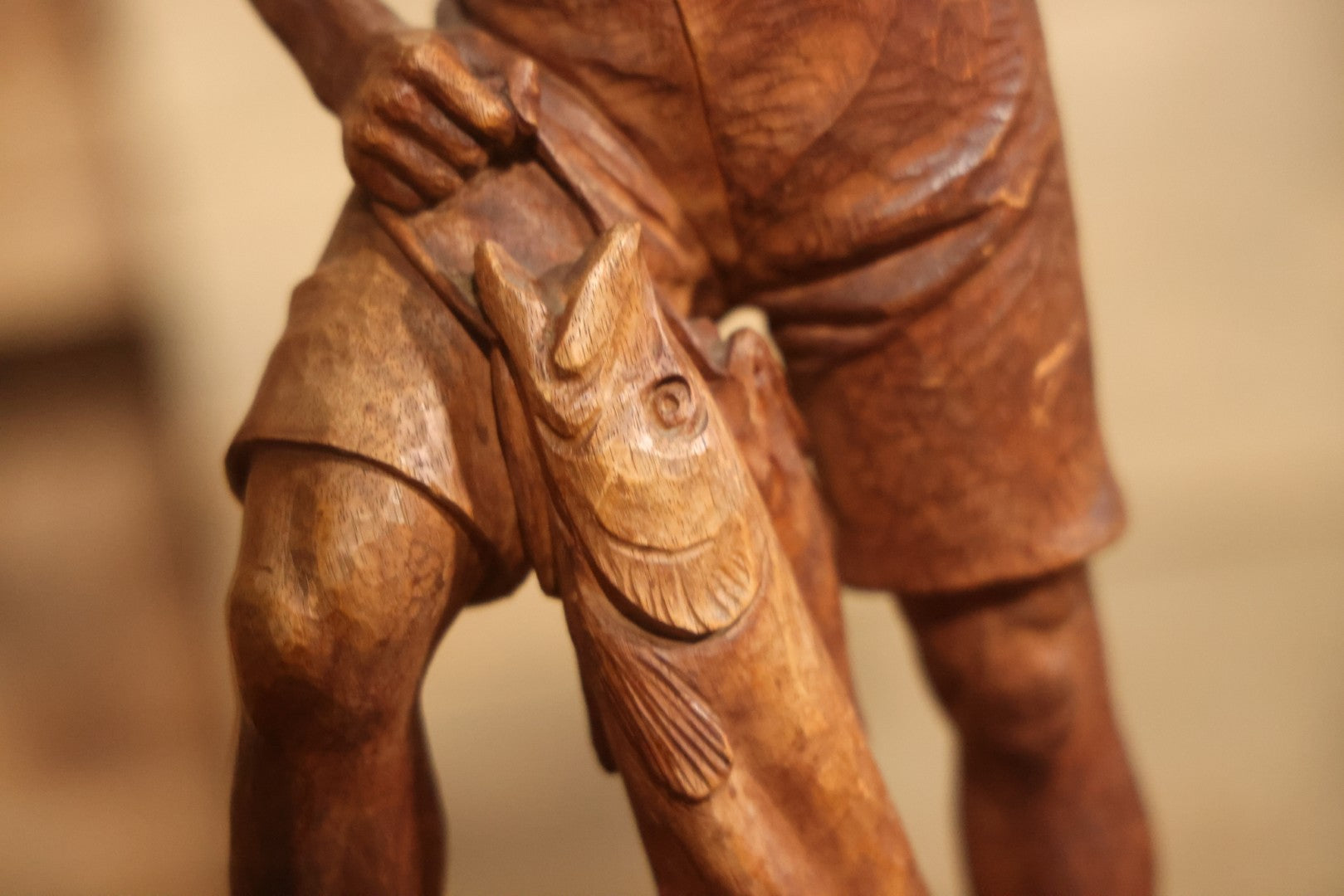 Vintage Folk Art Hand Carved Wood Sculpture Of Boy Fisherman Holding Large Catch, 18-5/8" H