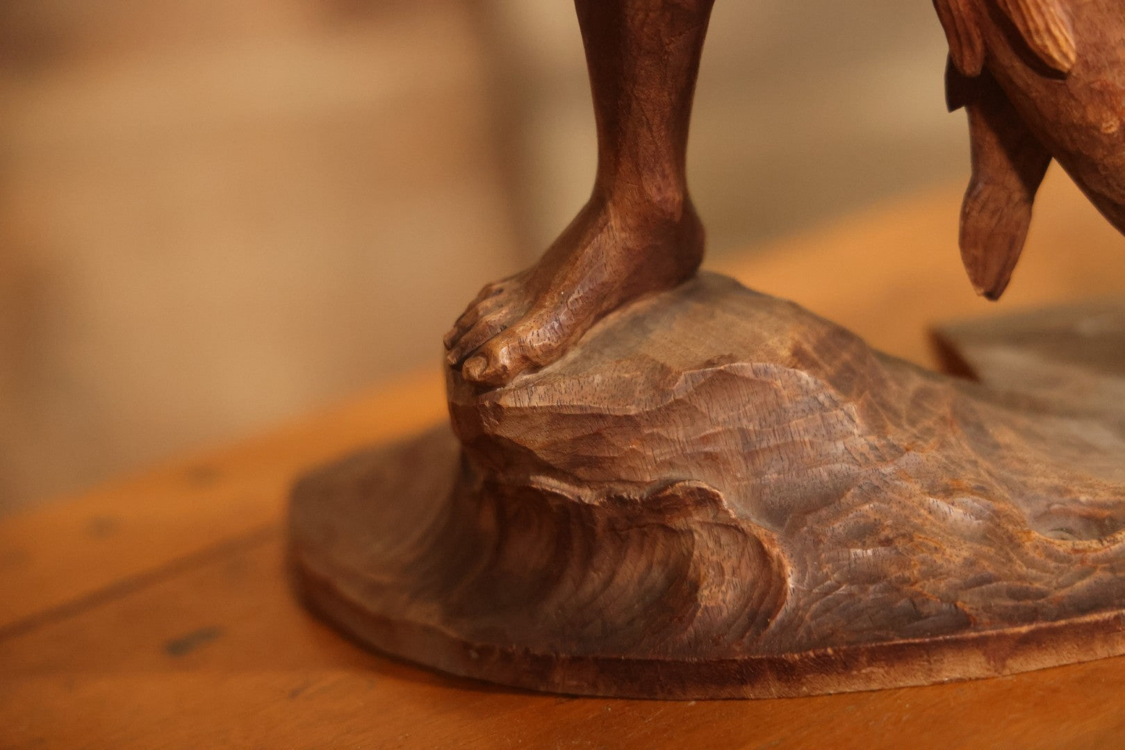 Vintage Folk Art Hand Carved Wood Sculpture Of Boy Fisherman Holding Large Catch, 18-5/8" H