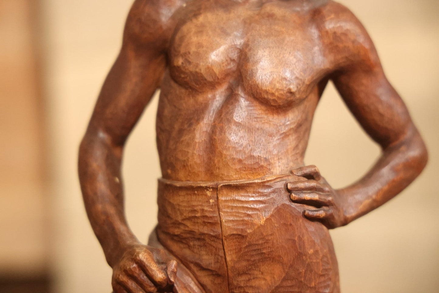 Vintage Folk Art Hand Carved Wood Sculpture Of Boy Fisherman Holding Large Catch, 18-5/8" H