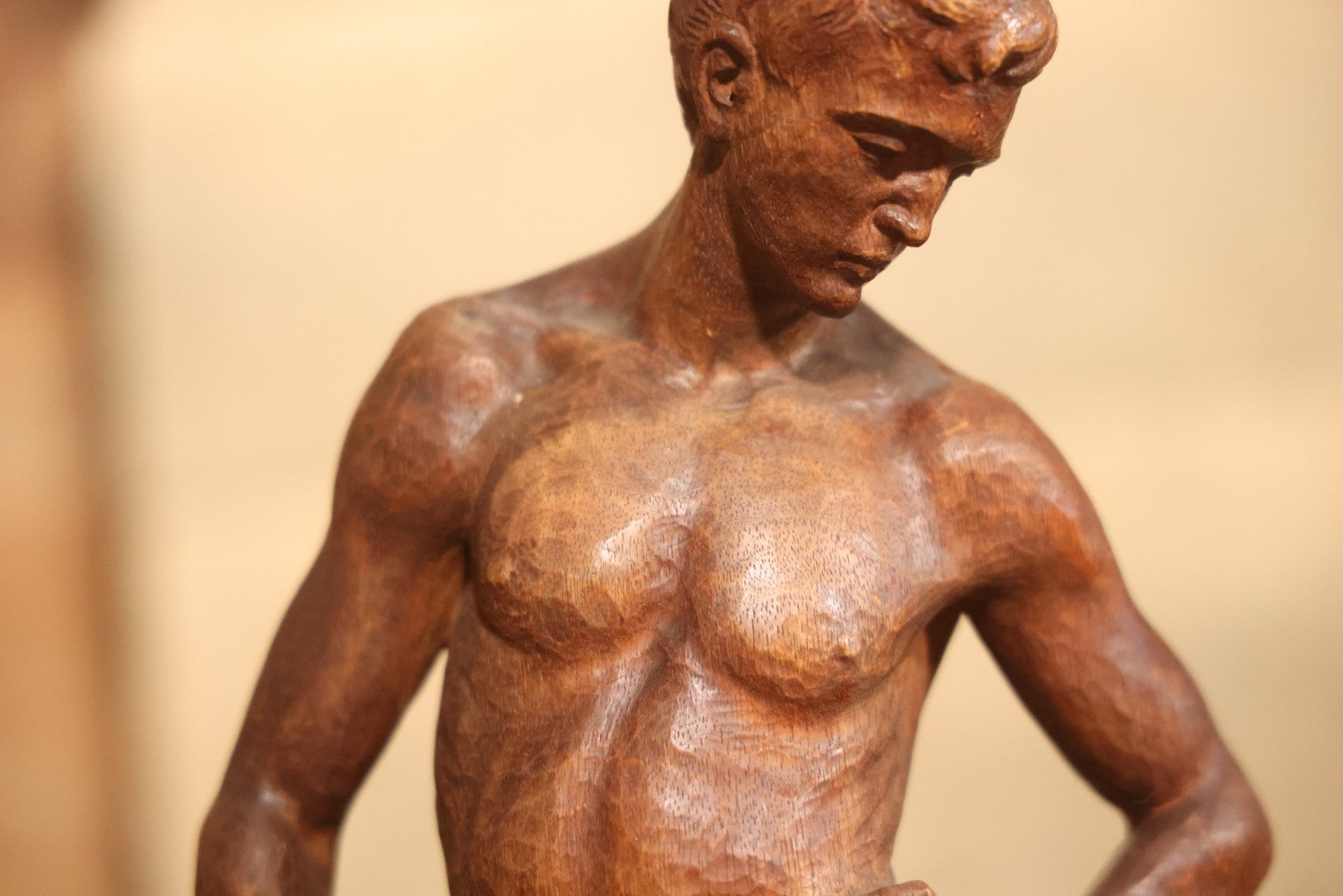 Vintage Folk Art Hand Carved Wood Sculpture Of Boy Fisherman Holding Large Catch, 18-5/8" H